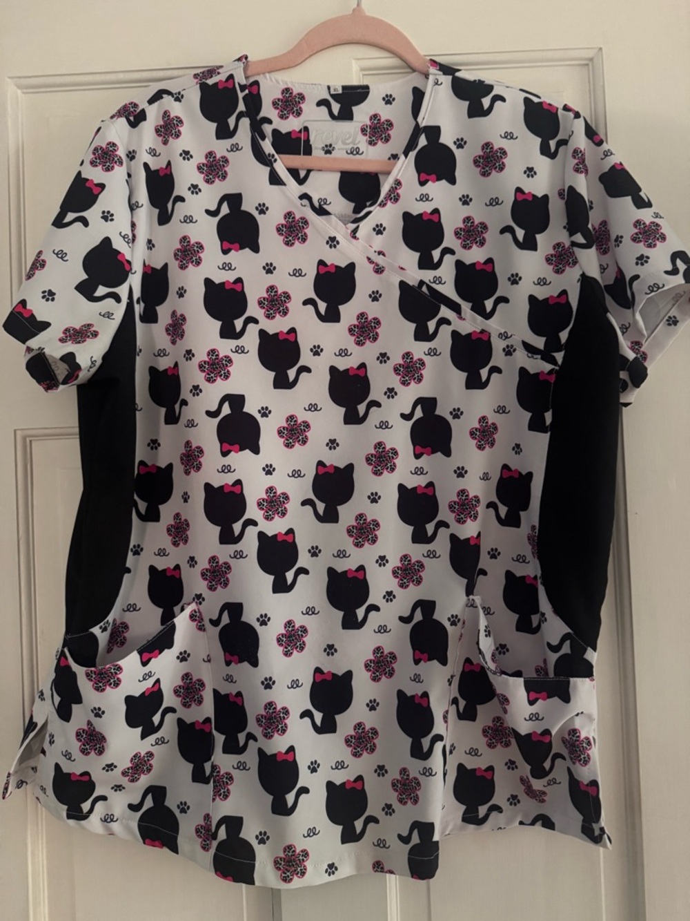 Cat Print Medical Scrub Top in White, Black & Pink